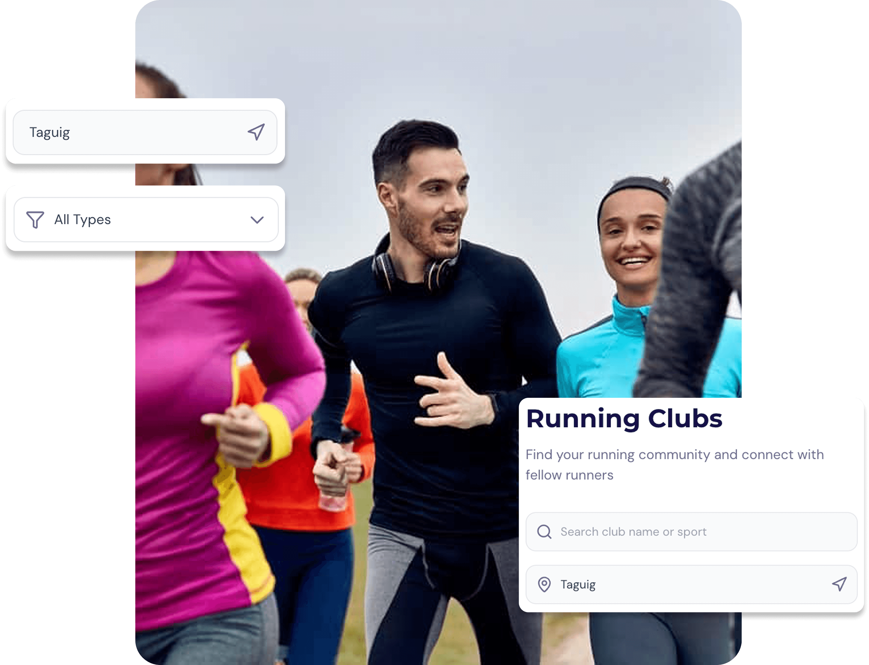 Group of runners outdoors with Running Clubs search UI